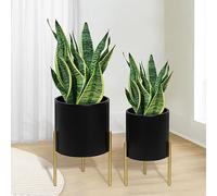 ARNIS Modern Planter Pots, Set of 2 Round Large Planters with Stand, Decorative Planters, Metal Pots with Drainage Holes for Living Room, Office, Garden or Balcony, 8.25 &10.5 Inch, Black & Gold