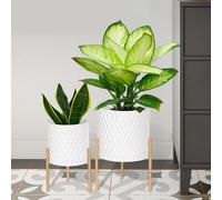ARNIS Plants Pots with Stand, Set of 2 P lanters, Unique Mid Century Decorative Metal Flower Pots with Drainage, 8.25 & 10.5 Inch, White and Gold