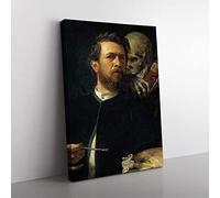 Arnold Bocklin Self Portrait, Death Playing The Fiddle Classic Painting Canvas Wall Art Print Ready to Hang, Framed Picture for Living Room Bedroom Home Office Décor, 60x40 cm (24x16 Inch)