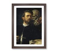 Arnold Bocklin Self Portrait, Death Playing The Fiddle Classic Painting Framed Wall Art Print, Ready to Hang Picture for Living Room Bedroom Home Office Décor, Walnut A2 (64 x 46 cm)