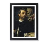 Arnold Bocklin Self Portrait, Death Playing The Fiddle Classic Painting Framed Wall Art Print, Ready to Hang Picture for Living Room Bedroom Home Office Décor, Black A4 (34 x 25 cm)