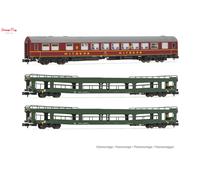 Arnold HN4424 DR, 3-unit pack OSShD type B coaches, Spree-Alpen-Express, set 2 of 2, green and red livery, epIV, 1 x WR plus 2 x DDm Passenger Coaches