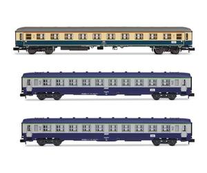 ARNOLD HN4437 D242 Paris - Berlin - Warszawa, 3-unit pack 2, 2, 1 x Am DB blue, beige, 2 x DEV A0 B10 SNCF, epIV Passenger Coaches