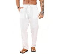 Aro Lora Mens Linen Trousers Summer Beach Lounge Pants Casual Loose Straight Legs Trousers with Drawstring Pockets White L