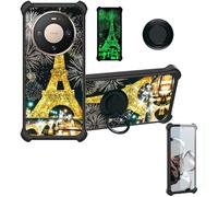 Aroepurt Case Compatible for Huawei Mate 80 Pro Phone Case Cover [with 1* Tempered Glass Screen Protector][Hard PC + Soft Silicone][Ring Support] [Gold Glitter+Luminous] JSH-TT