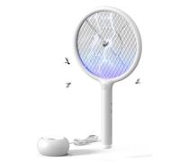 AROEVE Electric Fly Swatter, 2-in-1 Fly Swatter, 4000V, USB Charging Base, 1200mAh Rechargeable Battery, Auto Latch Mode, LED Light, Triple Protective Net, for Indoor/Outdoor, White