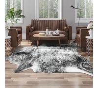 AROGAN Western Decor Faux Fur Cowhide Rug, 4.6 x 5.2 Feet Premium Animal Skin Cow Hide Rug, Sturdy Cow Print Rugs for Wall Decor, Western Floor Carpet for Bedroom Living Room, Black and Grey