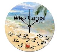 ArogGeld Who Cares I am Retired Wall Clock Beach House Clocks Silent Round Wooden Battery Operated Decorative Hanging for Office Home Decor Wedding Birthday Housewarming Gift Multicolor One Size