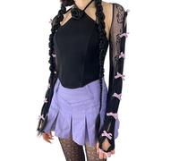 Arogheiz Women's Mesh Lace Shrug Crop Top Y2K Aesthetic Grunge Arm Sleeves Cardigan with Bow Going Out Shirts Summer, Purple, One Size