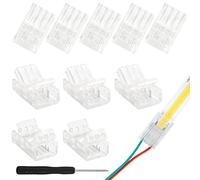 Aroidful 10Pcs 2 Pin 10mm LED Strip Connector, Strip to Wire | for COB Tape Lights, Gapless Solderless, Transparent PC, Reusable Snap-on, Slim 5mm Fits Channels, 0-36V 5A