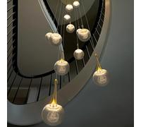 AroimRex Gold LED Staircase Chandelier High Ceiling 12-Lights Dimmable Remote Modern Crystal Teardrop Water drop shaped Long Hanging Lamp for Stairwell Living Room Entryway Stair Foyer Pendant Light