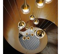 AroimRex Gold LED Staircase Chandelier High Ceiling 12-Lights Dimmable Remote Modern Crystal Teardrop Water drop shaped Long Hanging Lamp for Stairwell Living Room Entryway Stair Foyer Pendant Light