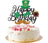 AROKIPPRY Black Glitter Happy Birthday Cake Topper Lucky Clover Cake Topper - St Patrick's Day Theme Birthday Party Decorations