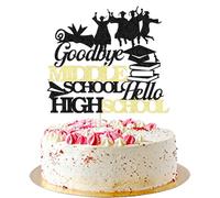 AROKIPPRY Goodbye Middle School Hello High School Cake Topper, Congrats 8th Grade Grad/Next Stop High School, 2026 Middle School Graduate Party Decorations Supplies（black)