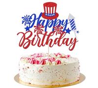 AROKIPPRY Happy Birthday Cake Topper Firework Independence Day Cake Pick USA Patriotic Decorations for 4th of July Independence Day American National Theme Birthday Party (Blue Red)