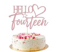 AROKIPPRY Hello fourteen Cake Topper, 14th Anniversary/Birthday/Wedding Party Decorations Supplies, rose gold flash (hello fourteen)
