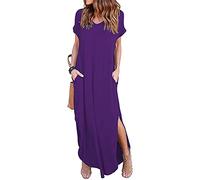 Arolina Women's Summer Maxi Dress Short Sleeve V Neck Casual Loose Long Beach Split Dresses with Pockets, Purple, XS