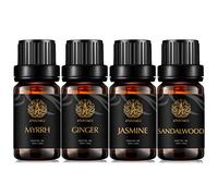 Aromatherapy Sandalwood Essential Oil Set for Diffuser, Jasmine Essential Oil Kit for Humidifier, 4x10ml Therapeutic Grade Myrrh Oil Set-Sandalwood Jasmine Myrrh Ginger Oil, Pure Ginger Oil