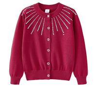 aromm Girl Long Sleeves Button Front Cardigan Rhinestone Cotton Sweater, Wine Red, 12-13 Years