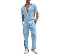 aromm Men's 2pcs Casual Outfits Short Sleeve Button Down Shirt & Drawstring Trouser Summer Walking Suits Blue, L