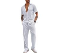 aromm Men's 2pcs Casual Outfits Short Sleeve Button Down Shirt & Drawstring Trouser Summer Walking Suits White, L