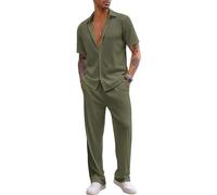 aromm Men's 2pcs Casual Outfits Short Sleeve Button Down Shirt & Drawstring Trouser Summer Walking Suits Green, M