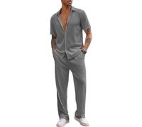 aromm Men's 2pcs Casual Outfits Short Sleeve Button Down Shirt & Drawstring Trouser Summer Walking Suits Grey, 3XL