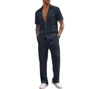 aromm Men's 2pcs Casual Outfits Short Sleeve Button Down Shirt & Drawstring Trouser Summer Walking Suits Navy, XL