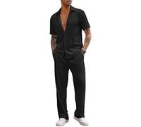 aromm Men's 2pcs Casual Outfits Short Sleeve Button Down Shirt & Drawstring Trouser Summer Walking Suits Black, XL