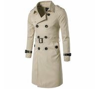 aromm Mens Trench Coat Slim Fit Double Breasted Long Windbreaker Jacket Khaki with Adjustable Belt, M