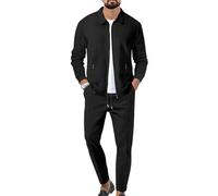 aromm Men's Waffle Tracksuits Zip up Jacket Top & Jogging Trouser 2pcs Sweatsuit Set Black for Casual Sport Workout Business, XXL