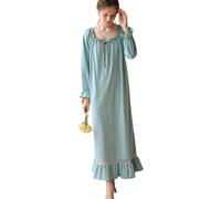 aromm Women's Cotton Victorian Nightgown Lace Trim Full Length Long Sleeve Stretchy Sleepdress Peacock Blue, M