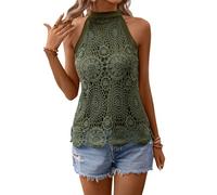 aromm Women's Crochet Lace Halter Neck Blouses Hollow Out Eyelet Embroidery Elegant Shirt Tops Green, L