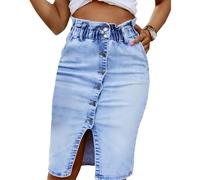 aromm Women's Denim Skirt Elastic Waist Front Slit Button Slim Fit Knee Length Skirts with Pockets, S