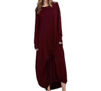 aromm Women's Maxi Long Dresses Long Sleeve Crew Neck Loose Plain Casual Lantern Dress Wine Red,4XL