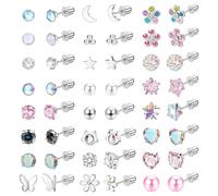 Aroncent 20G Flat Back Earrings: 24 Pairs Surgical Steel Cartilage Studs with CZ Diamond Pearl Moon Star Butterfly - Hypoallergenic Earrings for Women Men Helix Tragus Piercing
