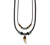Aroncent Tribe Adjustable Ethnic Hemp Leather Wood Beads Beaded Choker Necklace for Men Women Black Wolf Tooth Pendant