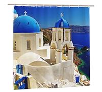 AROONS Santorini Greek Island Sea View Printed Shower Curtain With 12 Hooks Opaque Quick Drying Waterproof Shower Curtains Sets For Bathroom 183x183 Cm