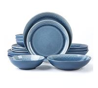 Arora FAIT Round Stoneware 16pc Double Bowl Dinnerware Set for 4, Dinner Plates, Side Plates, Cereal Bowls, Pasta Bowls - Reactive Glaze Blue (449322)