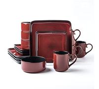 Arora FLACKAR Square Stoneware 16pc Dinnerware Set for 4, Dinner Plates, Side Plates, Cereal Bowls, Mugs - Reactive Glaze Red (485450)