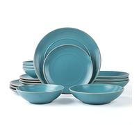 Arora RINGAR Round Stoneware 16pc Double Bowl Dinnerware Set for 4, Dinner Plates, Side Plates, Cereal Bowls, Pasta Bowls - Speckle Matte Turquoise (428525)