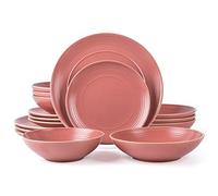 Arora RINGAR Round Stoneware 16pc Double Bowl Dinnerware Set for 4, Dinner Plates, Side Plates, Cereal Bowls, Pasta Bowls - Speckle Matte Red (395438)
