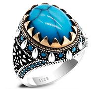 AROTOROM Retro Turquoise Ring for Men in 925 Sterling Silver Oval Sky Blue Stone Ring Life Track Significance Turkish Handmade Engraved Silver Ring Jewelry, 12, natural turquoise