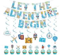Around the World Graduation Decor, Hanging Banner & Twirling Decorations Set - Travel Theme Cake Toppers for Grad Party Backdrops