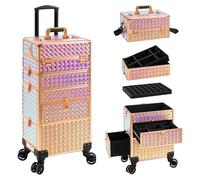 AROUS 4 in 1 Rolling Makeup Case with Drawers, Multi-functional Cosmetology Case on Wheels, Large Storage Traveling Cart Trunk for Nail Technicians, Makeup Artist and Hairstylist, Colorful, Rolling