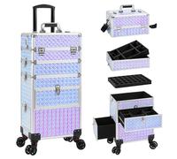 AROUS 4 in 1 Rolling Makeup Case with Drawers, Multi-functional Cosmetology Case on Wheels, Large Storage Traveling Cart Trunk for Nail Technicians, Makeup Artist and Hairstylist, Silver, Rolling