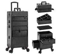 AROUS 4 in 1 Rolling Makeup Case with Drawers, Multi-functional Cosmetology Case on Wheels, Large Storage Traveling Cart Trunk for Nail Technicians, Makeup Artist and Hairstylist, Black, Rolling