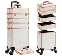 AROUS 5 in 1 Rolling Makeup Train Case with Lid, Profesional Cosmetology Case on Wheels, Large Cosmetic Trolley Organizer Travel for Hairstylist Artist Nail Beauty Salon Barber, WHITE, 5 in, Fashion