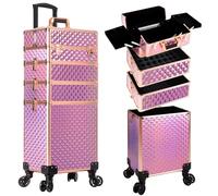 AROUS Rolling Makeup Train Case 4 in 1 Cosmetology Case on Wheels Large Storage Cosmetic Trolley with Key Salon Barber Case Traveling Cart Trunk, Pink, 4 in 1 Rolling Makeup Case