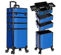 AROUS Rolling Makeup Train Case 4 in 1 Cosmetology Case on Wheels Large Storage Cosmetic Trolley with Key Salon Barber Case Traveling Cart Trunk, Blue